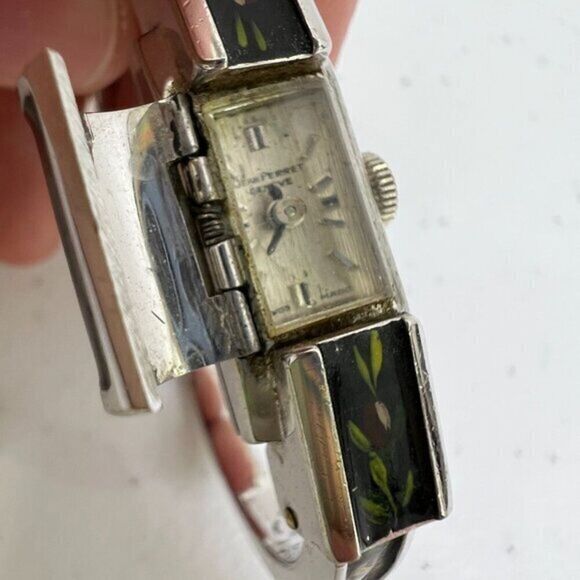 Jean Perret Geneve Enameled Watch Bracelet Black Floral Silver Tone Cuff Vintage